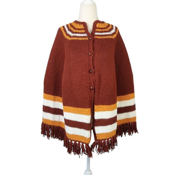 Vintage 70s Brown Mustard Yellow Striped Fringe Poncho Cape Sweater - Picture 1 of 5